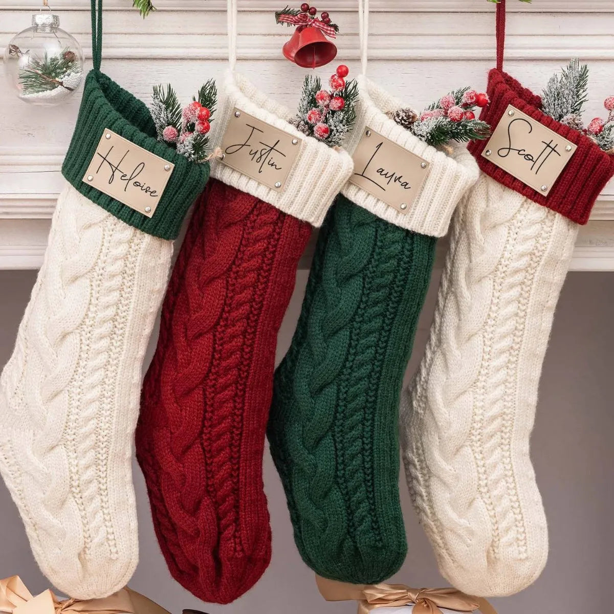 Personalized Knitted Twist Christmas Stockings Leather Patch Christmas Holiday Stocking With Name
