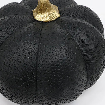 Resin Black Pumpkin Figurine with Gold Stem and Embossed Geometric Pattern for Fall Decor
