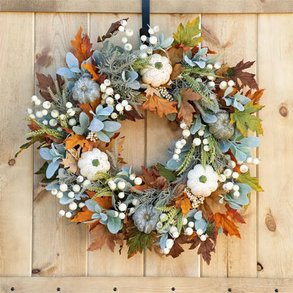 2023 Fall Harvest Wreaths Prelit Pumpkin Garlands Artificial Maple Leaves Berry Thanksgiving Autumn Fall Wreath for Front Door