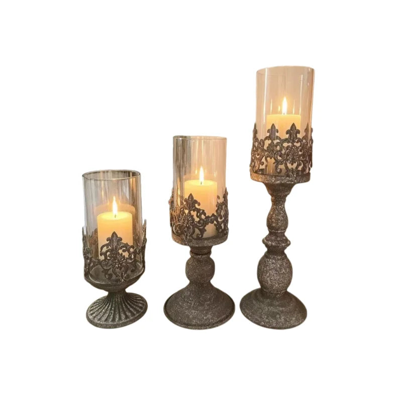 Carved Metal Candle Holder Glass Windproof Candlestick Home Decor Desktop Organizer Wedding Table Home Decoration