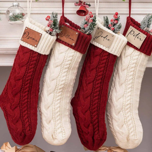 Personalized Knitted Twist Christmas Stockings Leather Patch Christmas Holiday Stocking With Name