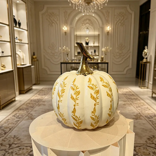 Ceramic Halloween Pumpkin Ornaments Hand Color Electroplating Light Luxury Leaf Pattern Living Room Home Decoration