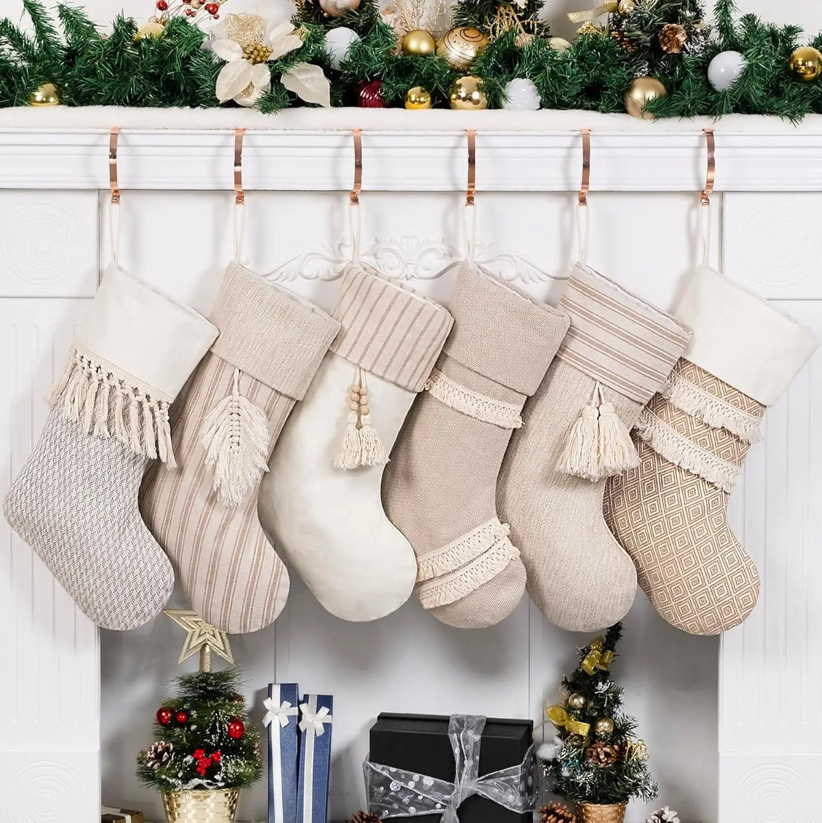20" Large Rustic Farmhouse Country Xmas Stockings Fireplace Christmas Stockings with Tassels