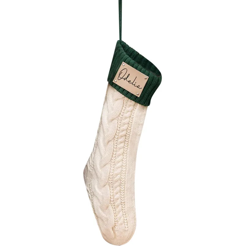 Personalized Knitted Twist Christmas Stockings Leather Patch Christmas Holiday Stocking With Name