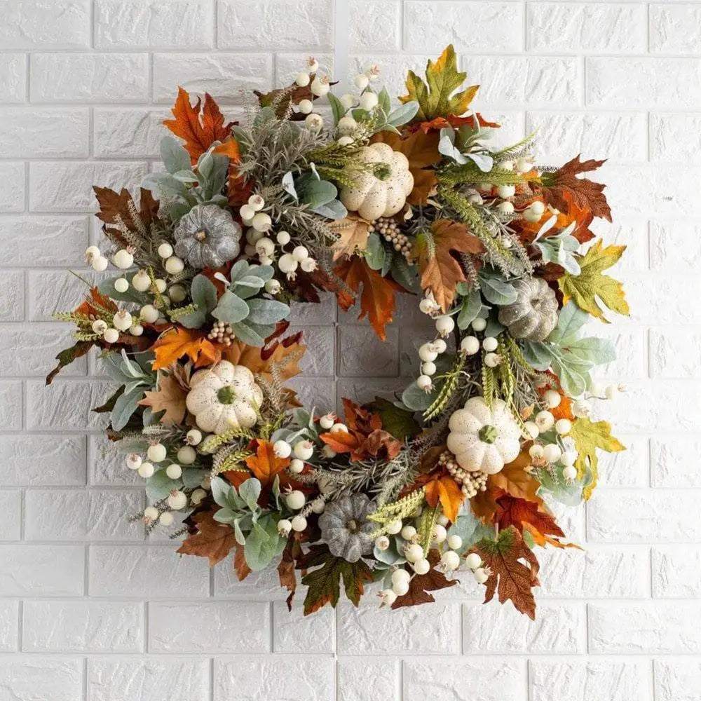 2023 Fall Harvest Wreaths Prelit Pumpkin Garlands Artificial Maple Leaves Berry Thanksgiving Autumn Fall Wreath for Front Door