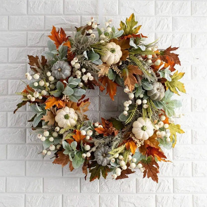 2023 Fall Harvest Wreaths Prelit Pumpkin Garlands Artificial Maple Leaves Berry Thanksgiving Autumn Fall Wreath for Front Door