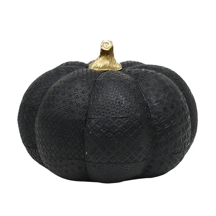 Resin Black Pumpkin Figurine with Gold Stem and Embossed Geometric Pattern for Fall Decor