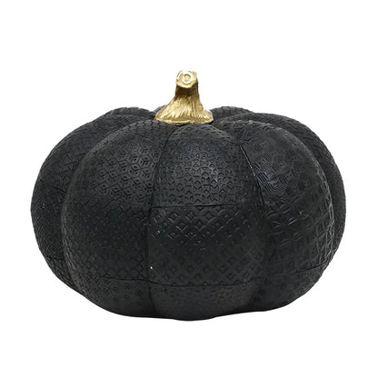 Resin Black Pumpkin Figurine with Gold Stem and Embossed Geometric Pattern for Fall Decor