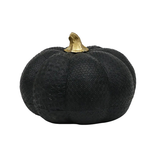 Resin Black Pumpkin Figurine with Gold Stem and Embossed Geometric Pattern for Fall Decor