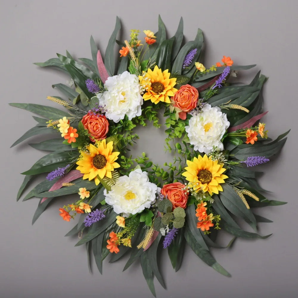 22-Inch Sunflower Wreath for Front Porch Farmhouse Home Decor Summer Peony Eucalyptus Christmas Garlands & Wreaths Fall Decor