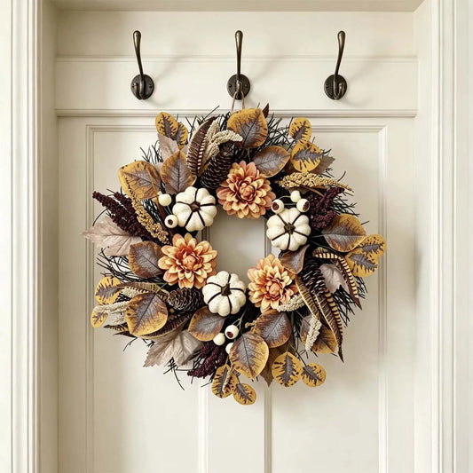 R-033 Artificial Fall Wreath with Pumpkins Dahlias Pinecones Thanksgiving Autumn Door Wreath  Farmhouse Harvest Wall Decor