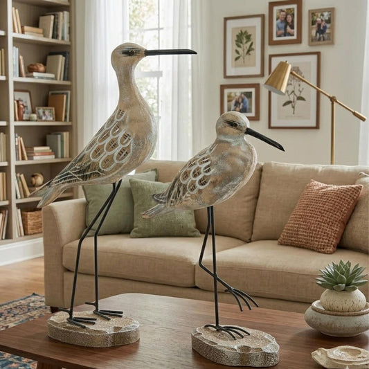 Set of 2 Wood Carved Wading Birds, Modern Coastal Shorebird Statues, Beach House Rustic Tabletop Figurine, Coastal Cottage Home Decoration